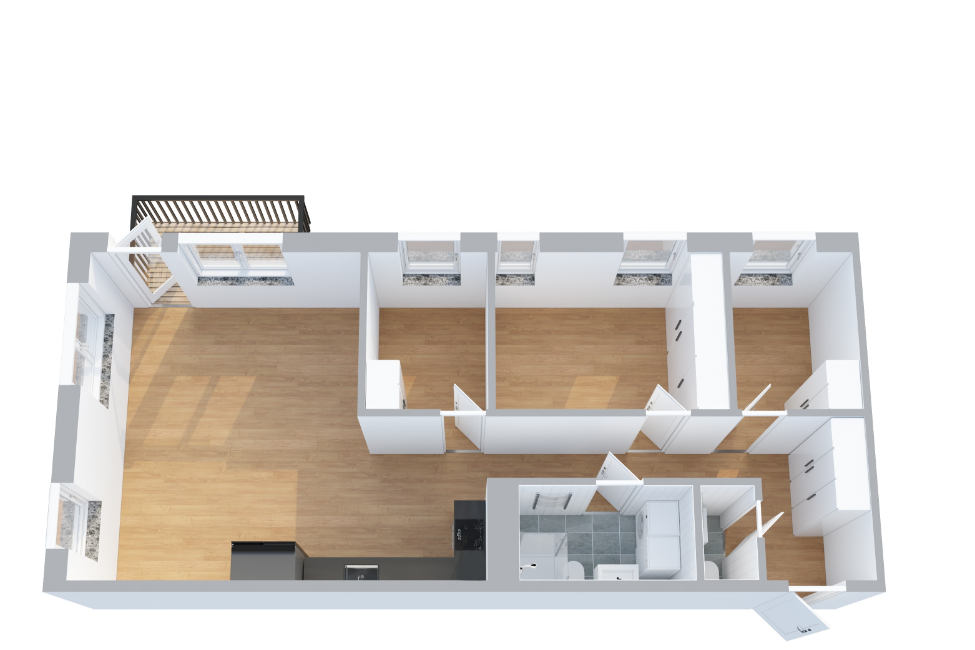 3D-planritning av ett rymligt vardagsrum, kök, badrum och sovrumssektioner med minimalistisk design.