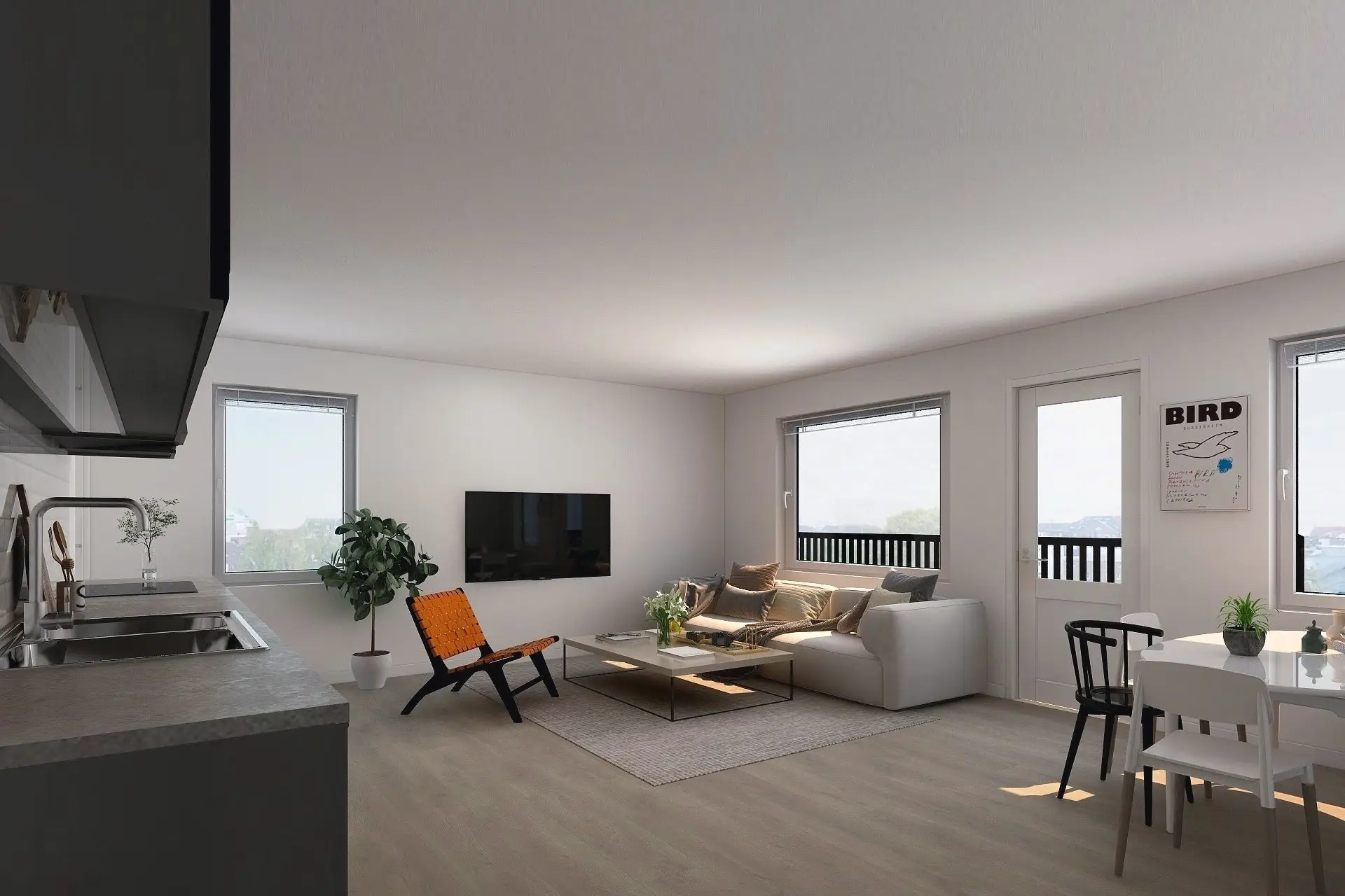 3D-visualisering av lägenhetsinredning med ett öppet kök, en vardagsrumsdel med soffa och tv, ett matbord och rikligt med dagsljus från stora fönster.